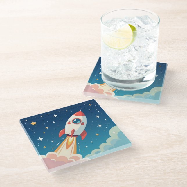Cute space rocket blasting off glass coaster (Angled)