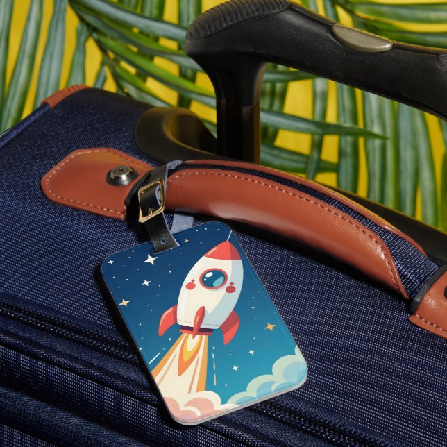 Cute space rocket blasting off luggage tag (Front Insitu 1)