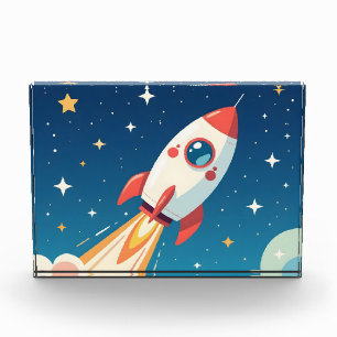 Cute space rocket blasting off photo block