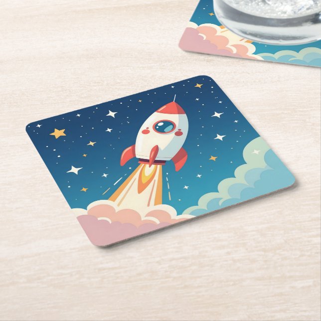 Cute space rocket blasting off square paper coaster (Angled)