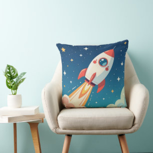 Cute space rocket blasting off throw pillow