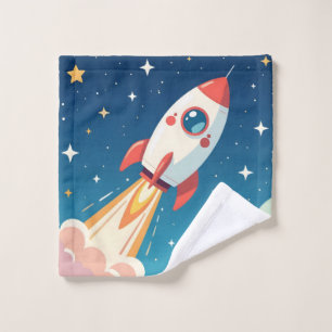 Cute space rocket blasting off wash cloth