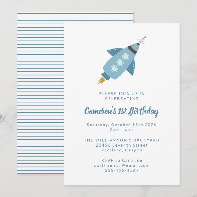Cute Space Rocket Ship Blue 1st Birthday Party Invitation (Front/Back)