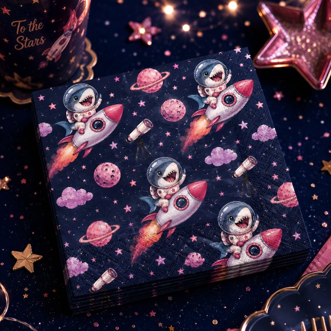 Cute Space Shark Rocket Birthday Party Napkin (Creator Uploaded)