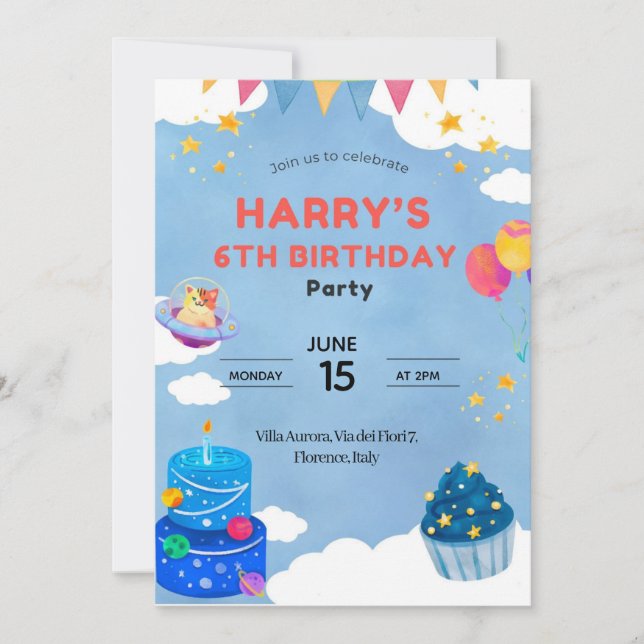 Cute Space Thème 6ème anniversaire Invitation pour (Devant)