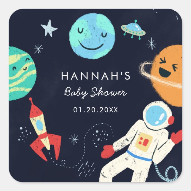 Cute Space Theme Boy Baby Shower Favour Square Sticker (Front)