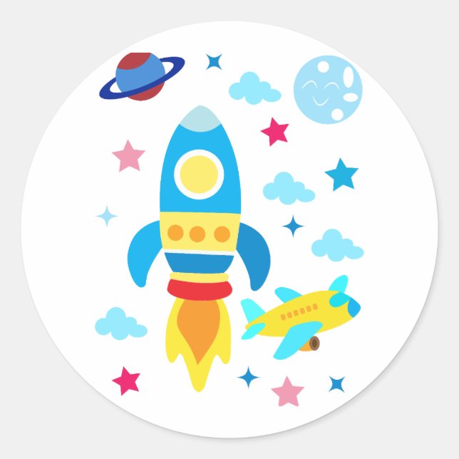 Cute Spacecraft Rocket Ships Pattern Classic Round Sticker (Front)