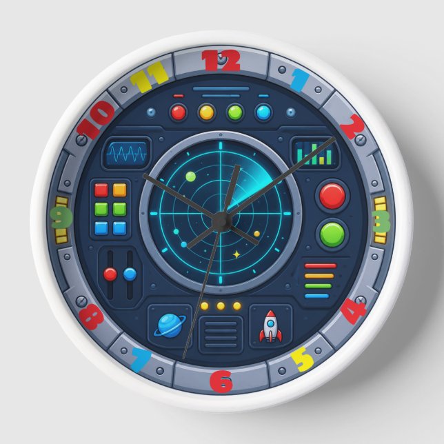 Cute Spaceship Mission Control Radar Kids Wall  Clock (Front)