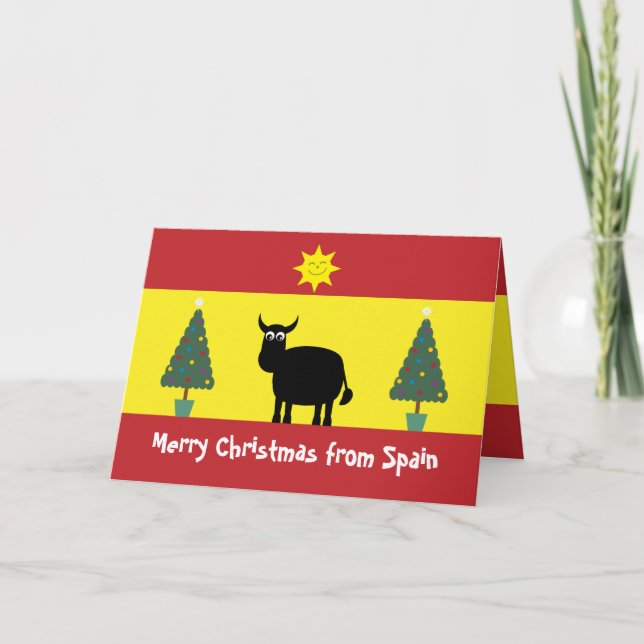Cute Spanish Bull, Flag & Christmas Trees Card (Front)