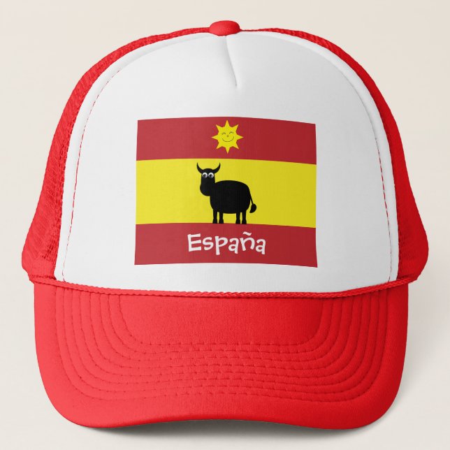 Cute Spanish Bull, Smiling Sun & Flag Trucker Hat (Front)