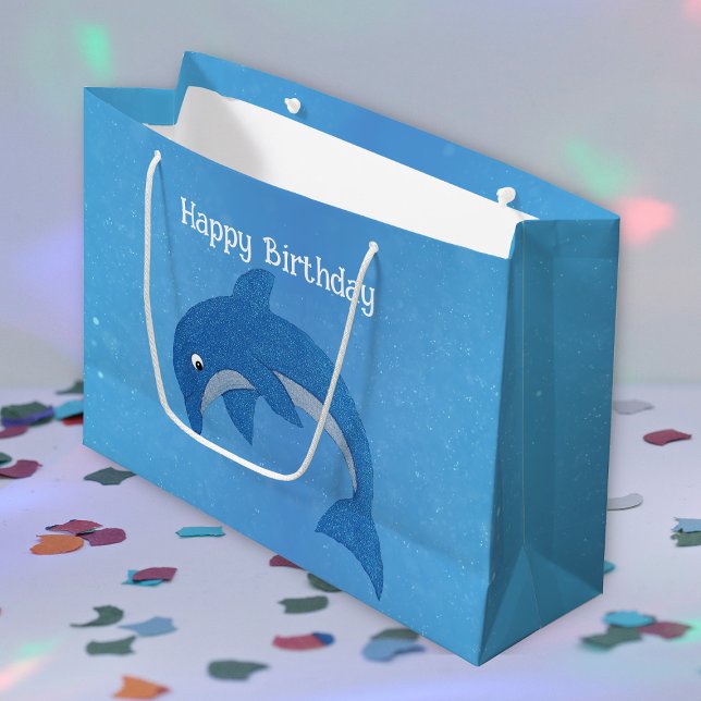 Cute Sparkle Blue White Jumping Dolphin Birthday Large Gift Bag (Sparkle dark blue and white jumping cute dolphin on blue Happy Birthday gift bag.)