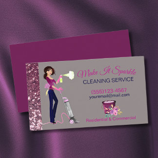 Cute Sparkle Cartoon Maid Cleaning Services Business Card