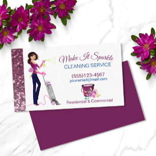Cute Sparkle Cartoon Maid Cleaning Services Business Card