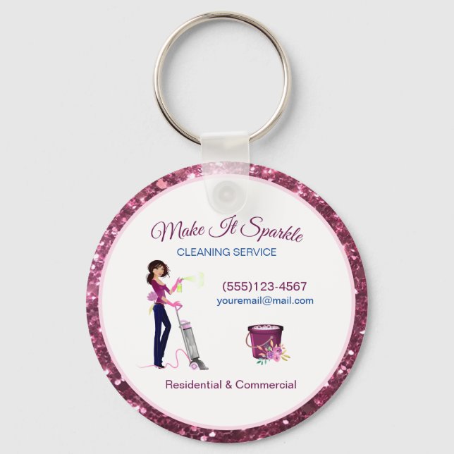 Cute Sparkle Cartoon Maid Cleaning Services Keychain (Front)
