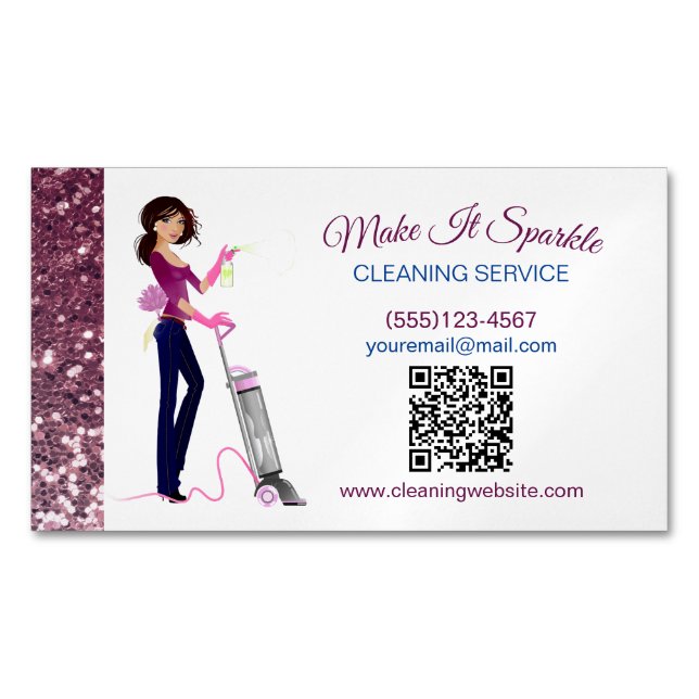 Cute Sparkle Maid Cleaning Service QR Code Magnetic Business Card (Front)