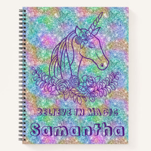 Cute Sparkling Unicorn Believe in Magic Quote Notebook