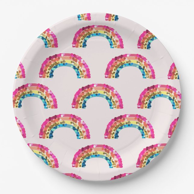 Cute Sparkly Sequin Rainbow Birthday Party Paper Plate (Front)