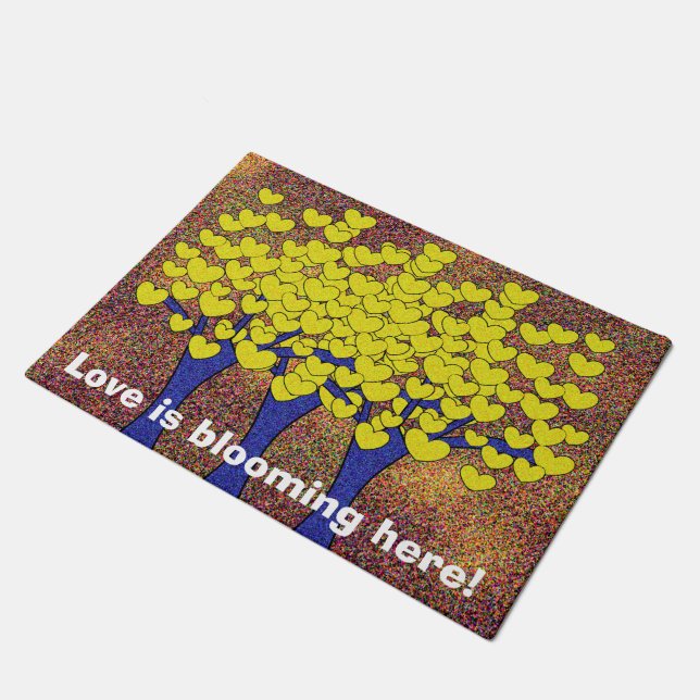 Cute Sparkly Yellow Love Hearts Trees Doormat (Angled)