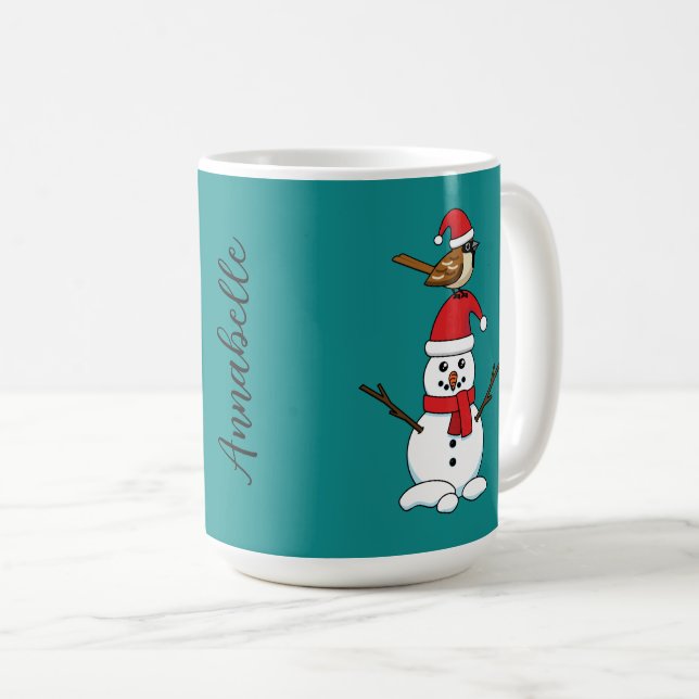 Cute Sparrow on Snowman | Add Name Coffee Mug (Front Right)
