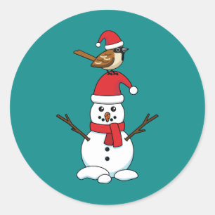 Cute Sparrow on Snowman Classic Round Sticker