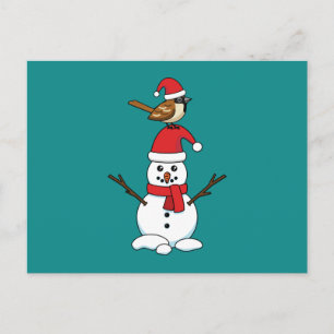 Cute Sparrow on Snowman Holiday Postcard