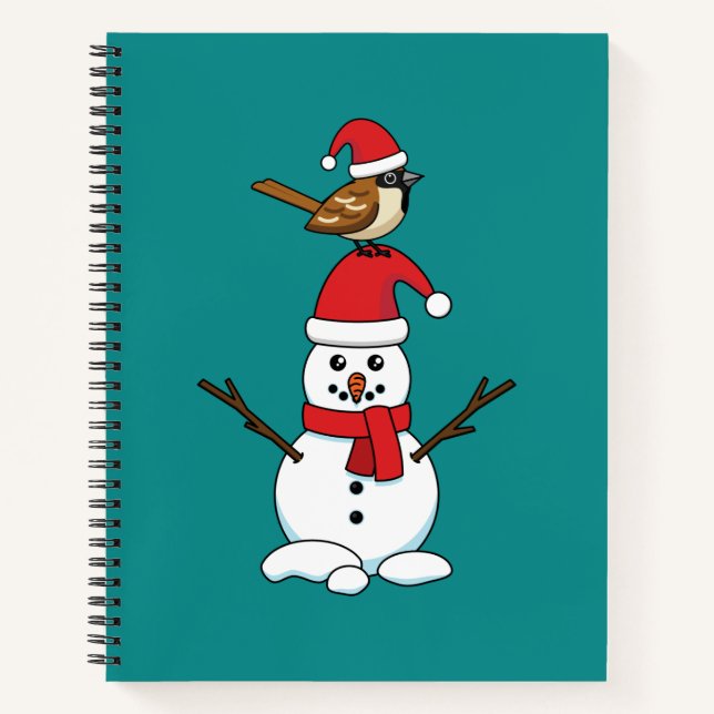 Cute Sparrow on Snowman Notebook (Front)