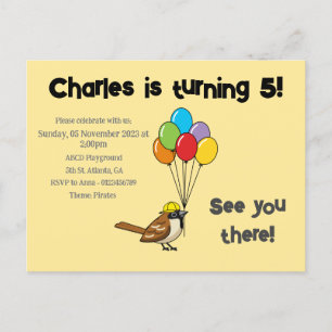 Cute Sparrow with Balloons Birthday Personalize Invitation Postcard
