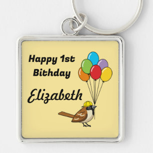 Cute Sparrow with Balloons Birthday Personalize Keychain