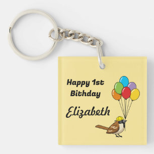 Cute Sparrow with Balloons Birthday Personalize Keychain
