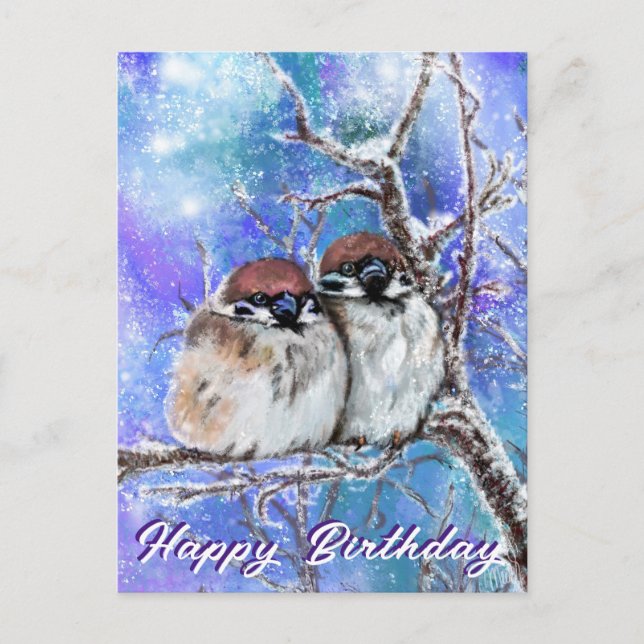 Cute Sparrows In Winter Birthday Card (Front)