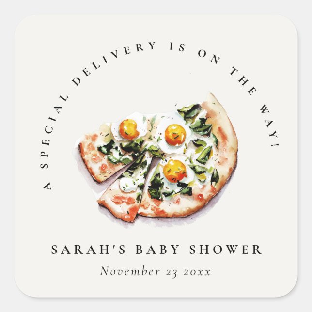 Cute Special Delivery Pizza Baby Shower Party Square Sticker (Front)