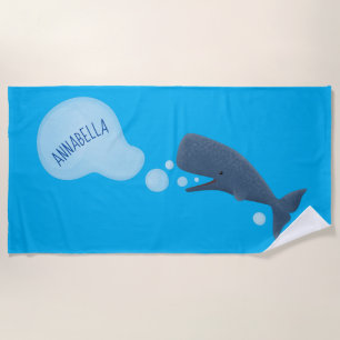 Cute sperm whale blowing bubbles cartoon beach towel