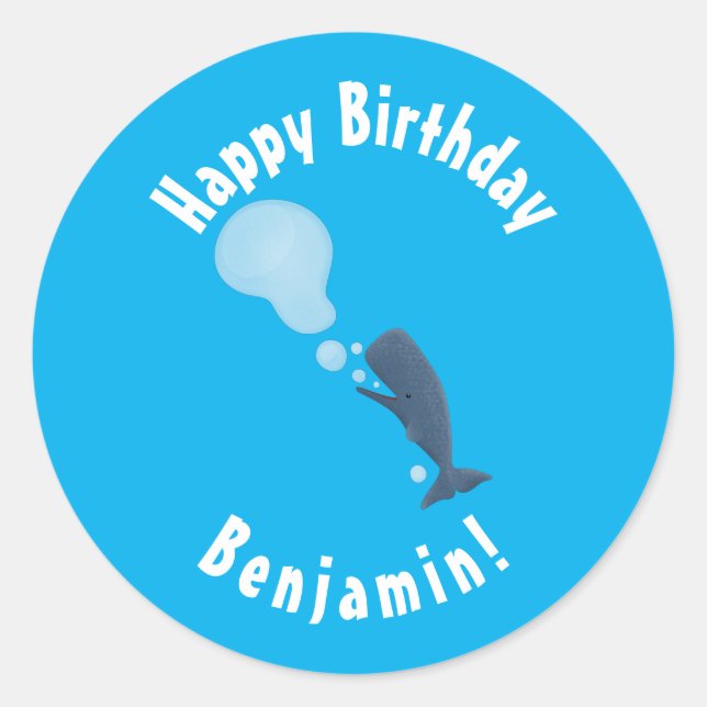 Cute sperm whale blowing bubbles cartoon classic round sticker (Front)