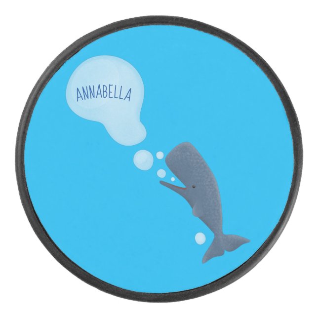Cute sperm whale blowing bubbles cartoon hockey puck (Front)