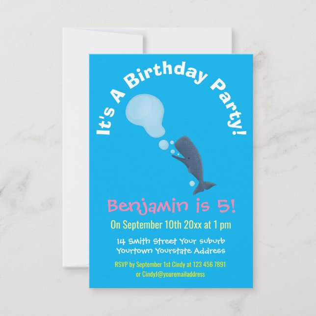 Cute sperm whale blowing bubbles cartoon invitation (Front)