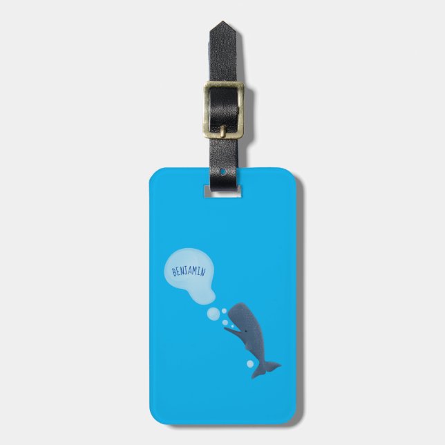 Cute sperm whale blowing bubbles cartoon luggage tag (Front Vertical)