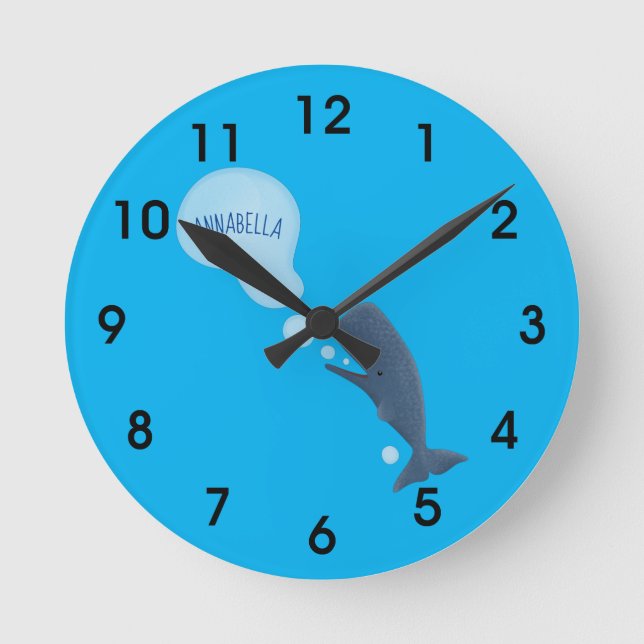 Cute sperm whale blowing bubbles cartoon round clock (Front)