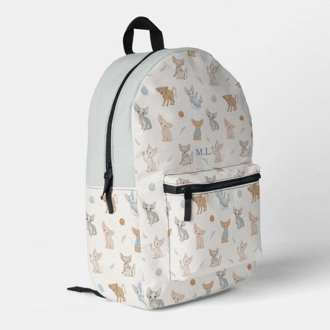Cute Sphynx Cat Pattern Personalized Monogram Kids Printed Backpack (Back Corner Left)