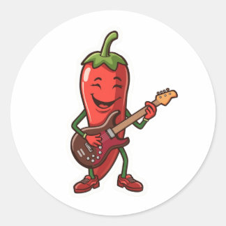 "Cute Spicy Chili Pepper Playing Electric Guitar Classic Round Sticker