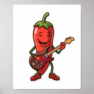 Cute Spicy Chili Pepper Playing Electric Guitar Poster