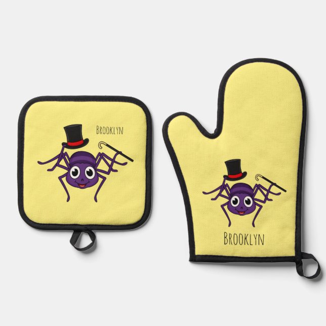 Cute spider in top hat cartoon oven mitt & pot holder set (Front)