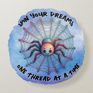Cute Spider Inspirational Quote Monogram on blue Round Pillow
