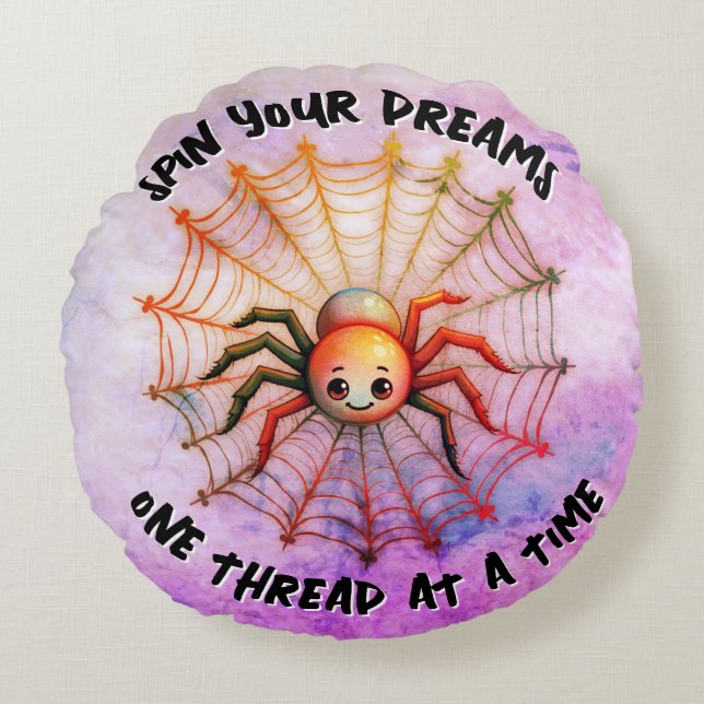 Cute Spider Inspirational Quote Monogram on pink | Round Pillow (Front)