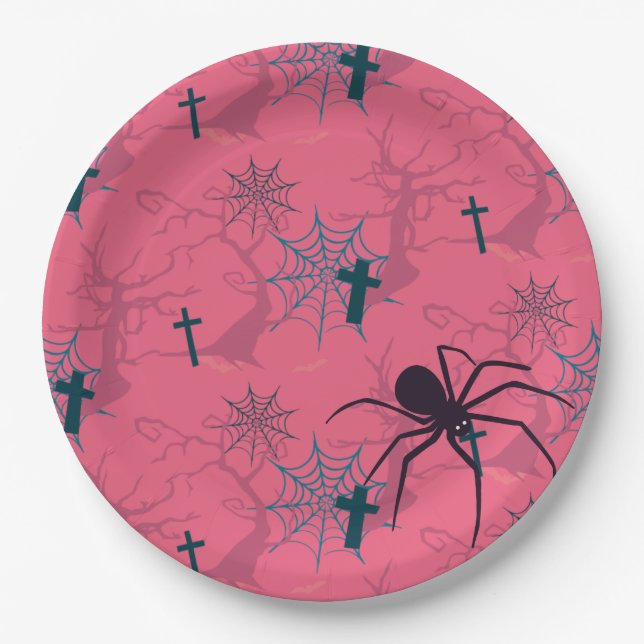 Cute spider & raspberry pink spider web patterned  paper plate (Front)