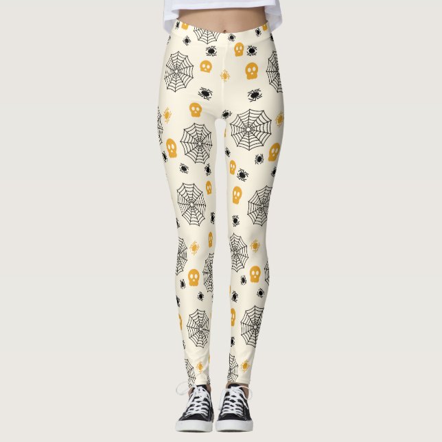 Cute Spiders Web Skulls Halloween Costume Party Leggings (Front)