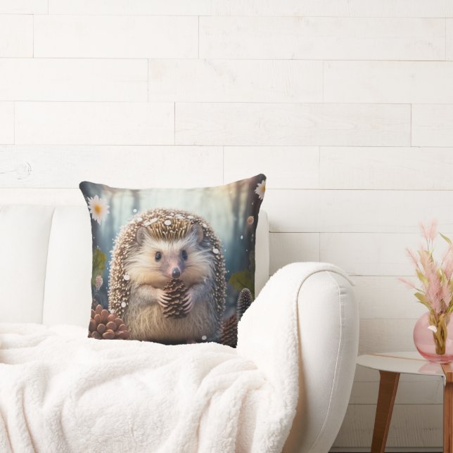  cute spiny hedgehog in the forest with cones throw pillow (Couch)
