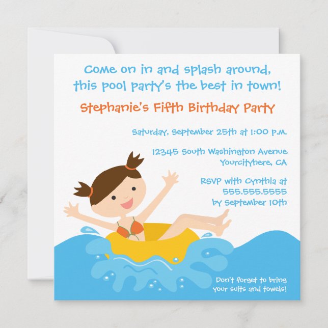 Cute splash girl's pool party birthday invitation (Front)