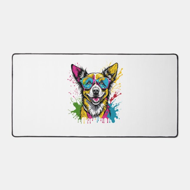 Cute Splashed Colourful Dog Wearing Sunglasses For Desk Mat (Front)