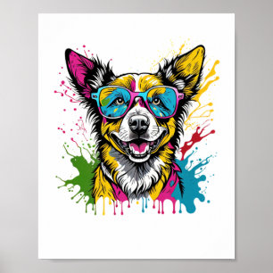 Cute Splashed Colourful Dog Wearing Sunglasses For Poster