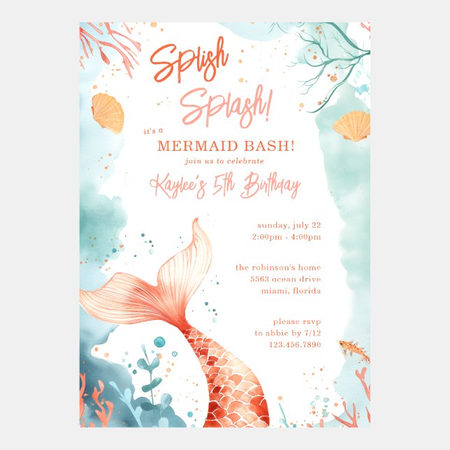 Cute Splish Splash Mermaid Birthday Invitation (Front)
